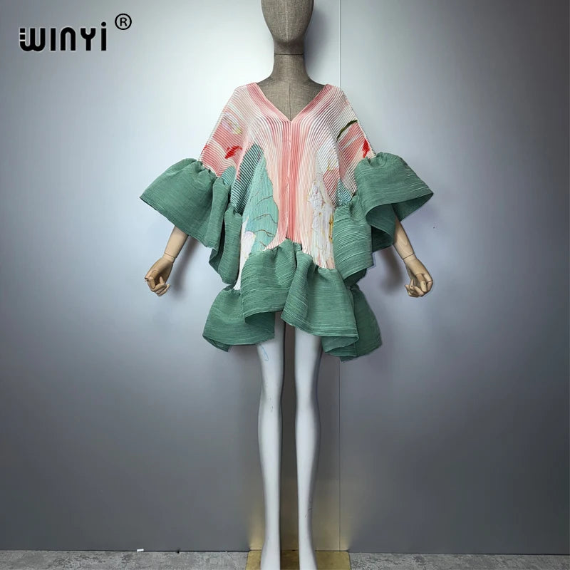 WINYI Women's Pleated Elastic Elegant Short Dress Beach Cover Up Kaftan Abaya Dubai Luxury Evening Wear Muslim Fashion