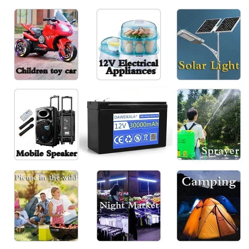 12V 30Ah 18650 Lithium Battery Pack with 30A BMS 3A Charger High Current for Sprayer children's toy car Solar Power Ready to Use