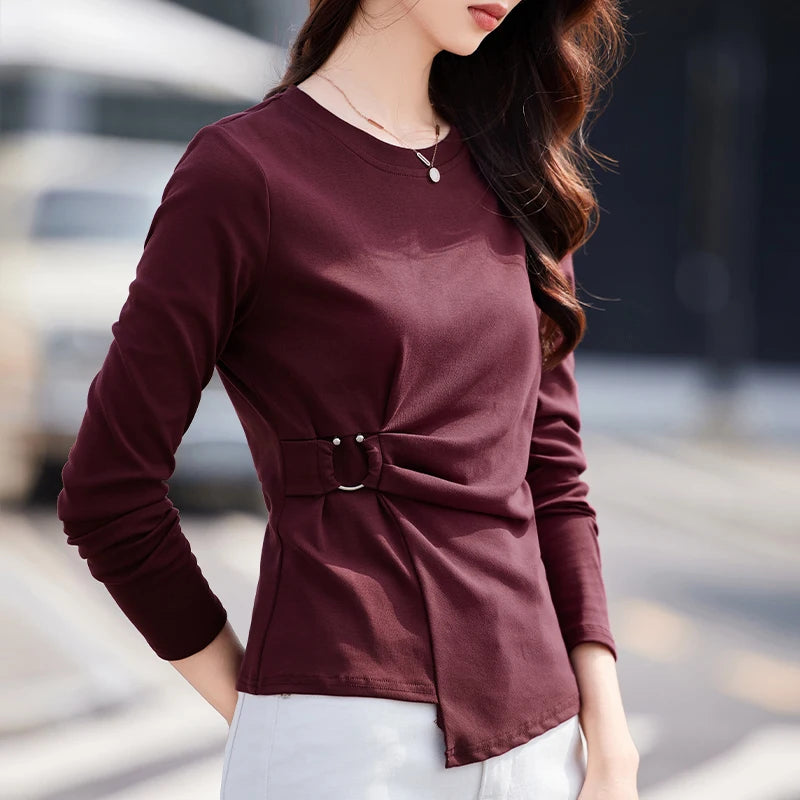 Wine Red Long Sleeved T-Shirt for Women's Autumn New High-End Fashion Cotton Plus Size Asymmetrical Splicing Casual Top