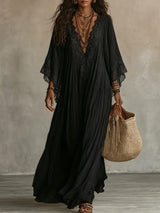 Beach Style Long Dress for Women White V-Neck Batwing Sleeve Lace Splice Elegant Loose Dress Summer Fashion Vacation Dresses