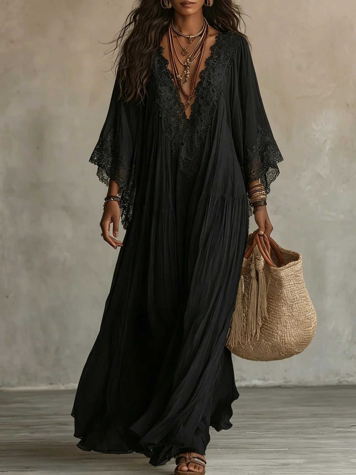 Beach Style Long Dress for Women White V-Neck Batwing Sleeve Lace Splice Elegant Loose Dress Summer Fashion Vacation Dresses