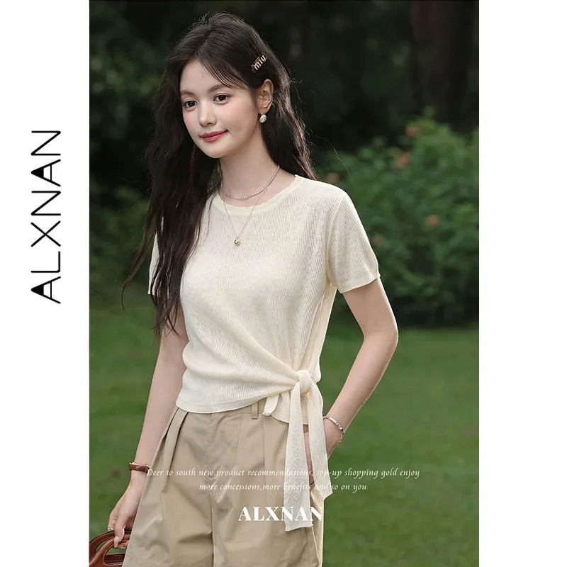ALXNAN Women Red T-shirt Summer Elegant Ruffled Crew Neck Short Sleeve T-shirt Hem Tie Sash Design Casual Loose-fit Tops L65892A