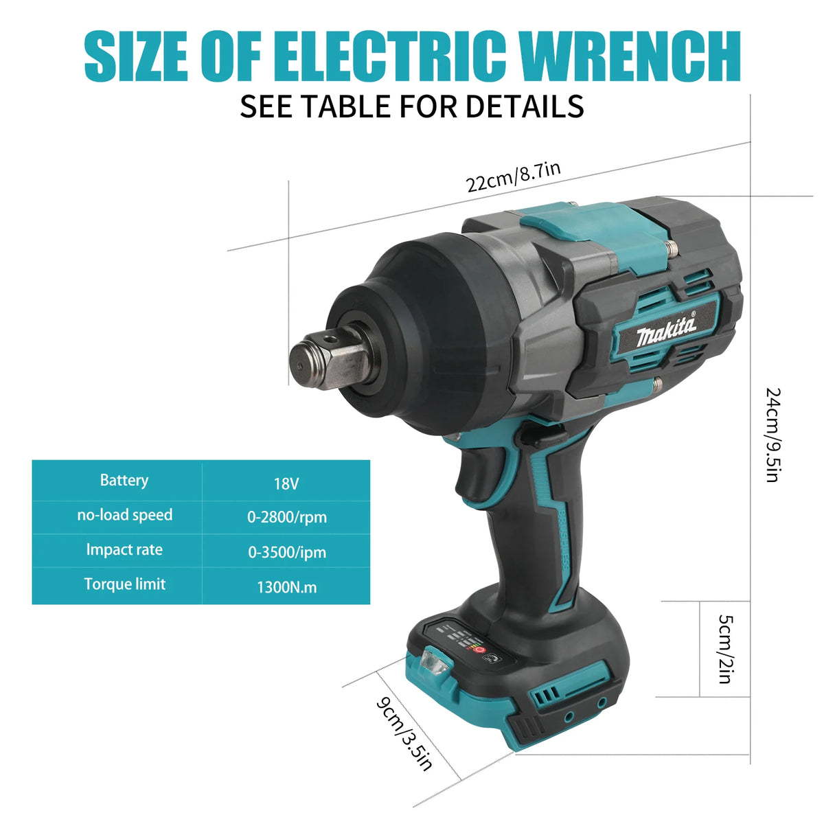 Makita Style 18V Brushless Impact Wrench 1300N.m Torque Stepless Speed Control Electric Wrench for Heavy Duty Maintenance