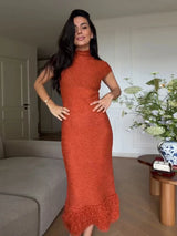 High Neck Short Sleeve Tassel Trim Midi Dress Slim Fit Bodycon 2026 Summer Women Elegant Dress Galm Casual Lady Long Dress