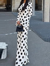 Fashion Polka Dot Print Evening Long Dress Women's Elegant O-neck Hight Waist Party Dress Casual Flared Sleeve Slim Gowns Dress