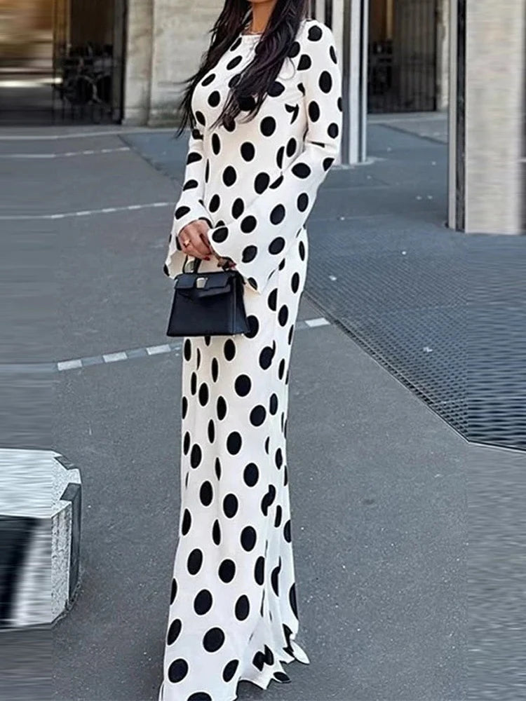 Fashion Polka Dot Print Evening Long Dress Women's Elegant O-neck Hight Waist Party Dress Casual Flared Sleeve Slim Gowns Dress