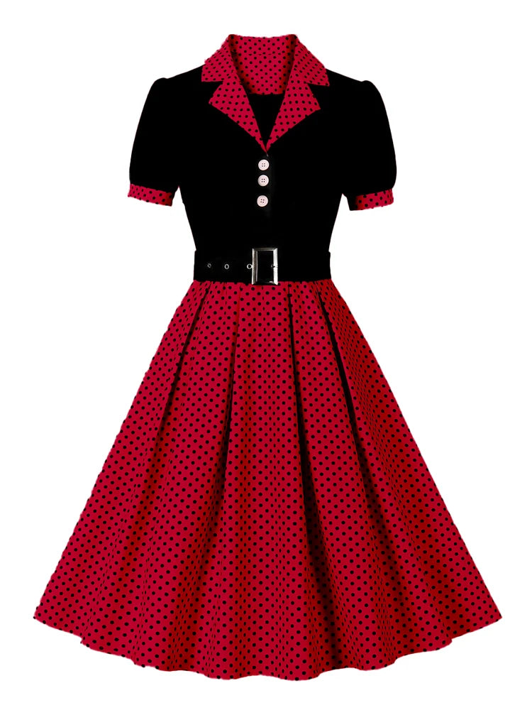 Tonval Black and Polka Dot Vintage Pleated Dresses Notched Collar 2025 Elegant Summer Women Short Sleeve Belted 50s Retro Dress