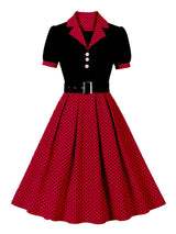 Tonval Black and Polka Dot Vintage Pleated Dresses Notched Collar 2025 Elegant Summer Women Short Sleeve Belted 50s Retro Dress