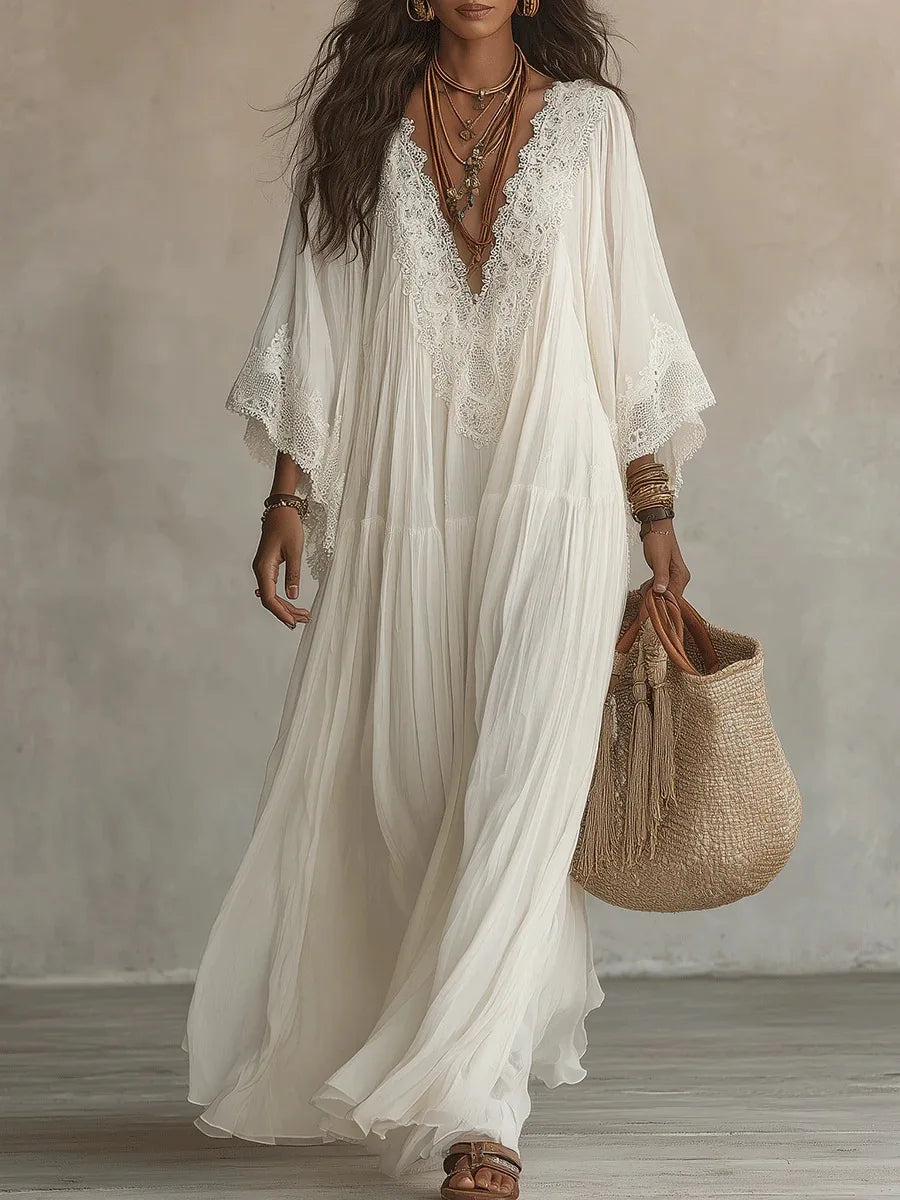 Beach Style Long Dress for Women White V-Neck Batwing Sleeve Lace Splice Elegant Loose Dress Summer Fashion Vacation Dresses