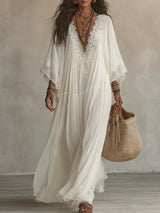 Beach Style Long Dress for Women White V-Neck Batwing Sleeve Lace Splice Elegant Loose Dress Summer Fashion Vacation Dresses