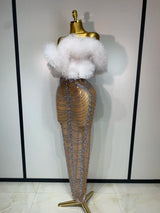 Women Sexy Strapless Rhinestone Bodycon Dress Luxury Birthday Party Costume Bar Nightclub Celebrity Stage Performance Outfit