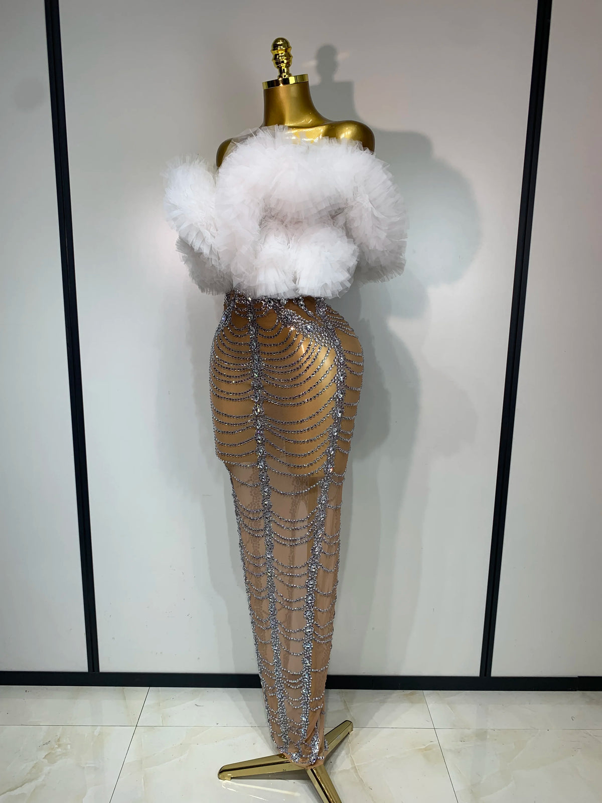 Women Sexy Strapless Rhinestone Bodycon Dress Luxury Birthday Party Costume Bar Nightclub Celebrity Stage Performance Outfit