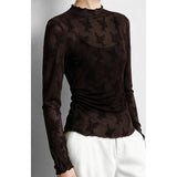 Amii Women's T-Shirts Mock Neck 2026 Autumn Long Sleeve Jacquard Lace Knitted Tops Slim Elegant Commute Woman Cloting 12623032