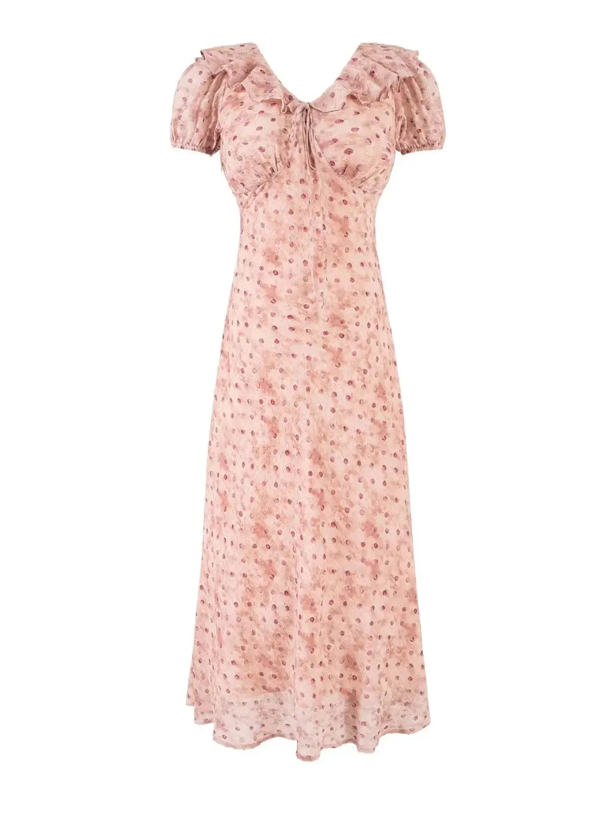 Chu Sau beauty Women New Fashion Sweet Polka Dot Print Chic Ruffles Midi Dress French V-Neck Puff Sleeve Vintage Party Dresses