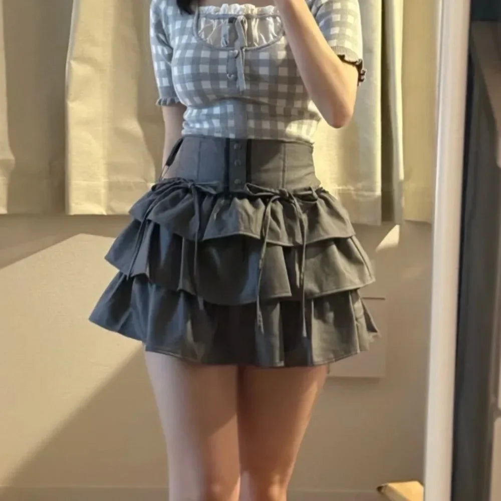 Lace Up Bow Ropa Mujer Houndstooth Tops New Hollow Out Woman Clothes Japan Fungus T Shirts Pure Desire Style Roupas Feminina