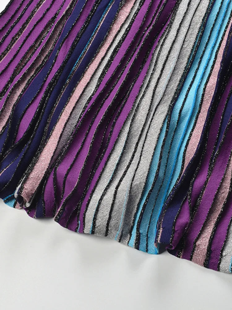 DEAT Fashionable A-Line High-Waist Color Striped Pleated Slimming Camisole Dress 2026 Autumn Women's Party Dresses New