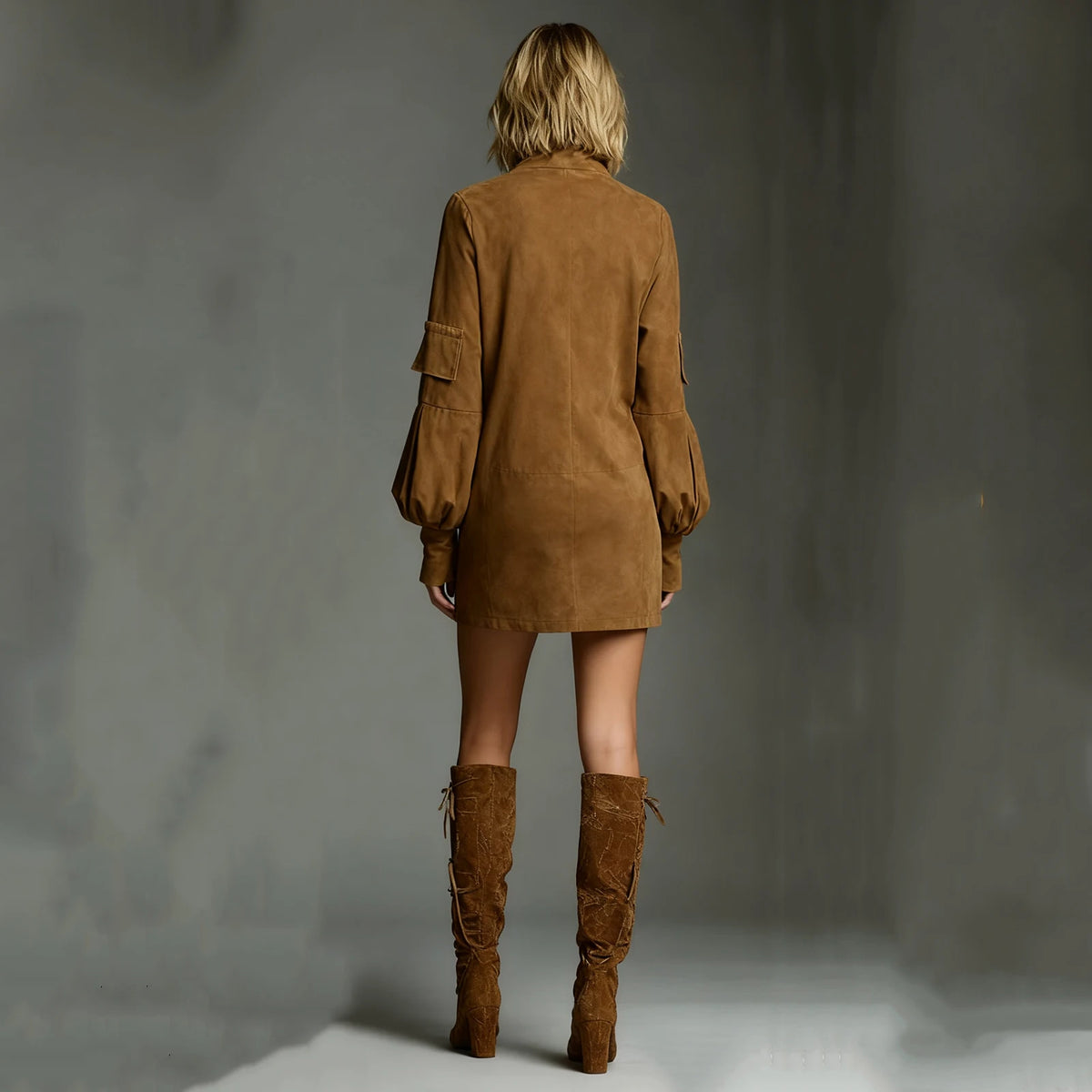 Autumn Retro Solid Suede Mini Short Dresses Sexy Turtleneck Slim Woman Pullover Dress Winter Long Sleeve Pockets Female Clothing