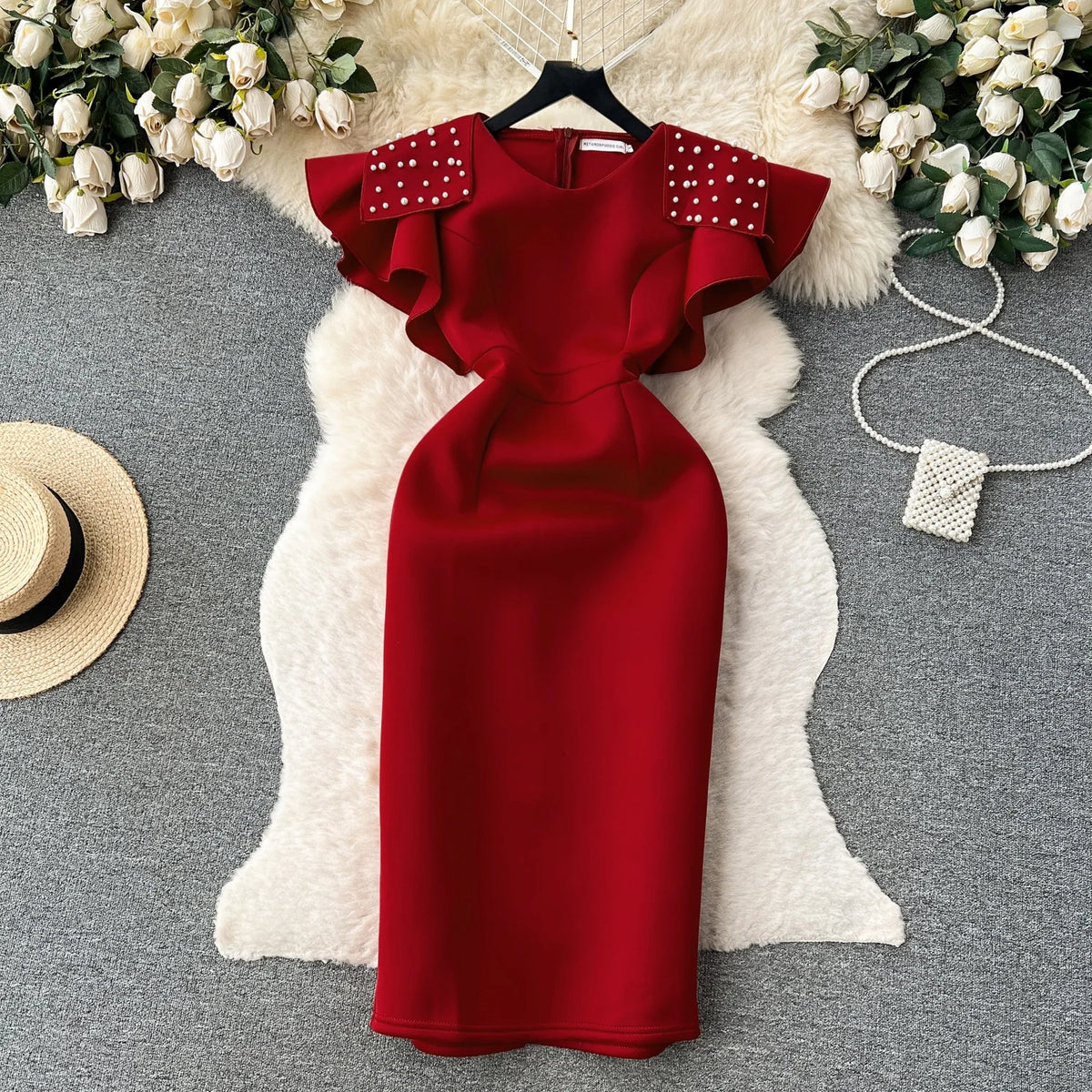 Ele Retro Beaded round Ne Svel Dr Women's Waist Cinching Slimming High End Feeling Aosphere Long Dr