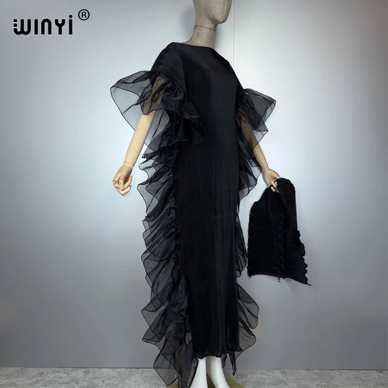 WINYI Solid Color Pleated Elastic Slim Dress Beach Wear Kaftan Abaya Dubai Luxury Party Dress Evening Dress Abaya Muslim Woman