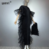 WINYI Solid Color Pleated Elastic Slim Dress Beach Wear Kaftan Abaya Dubai Luxury Party Dress Evening Dress Abaya Muslim Woman
