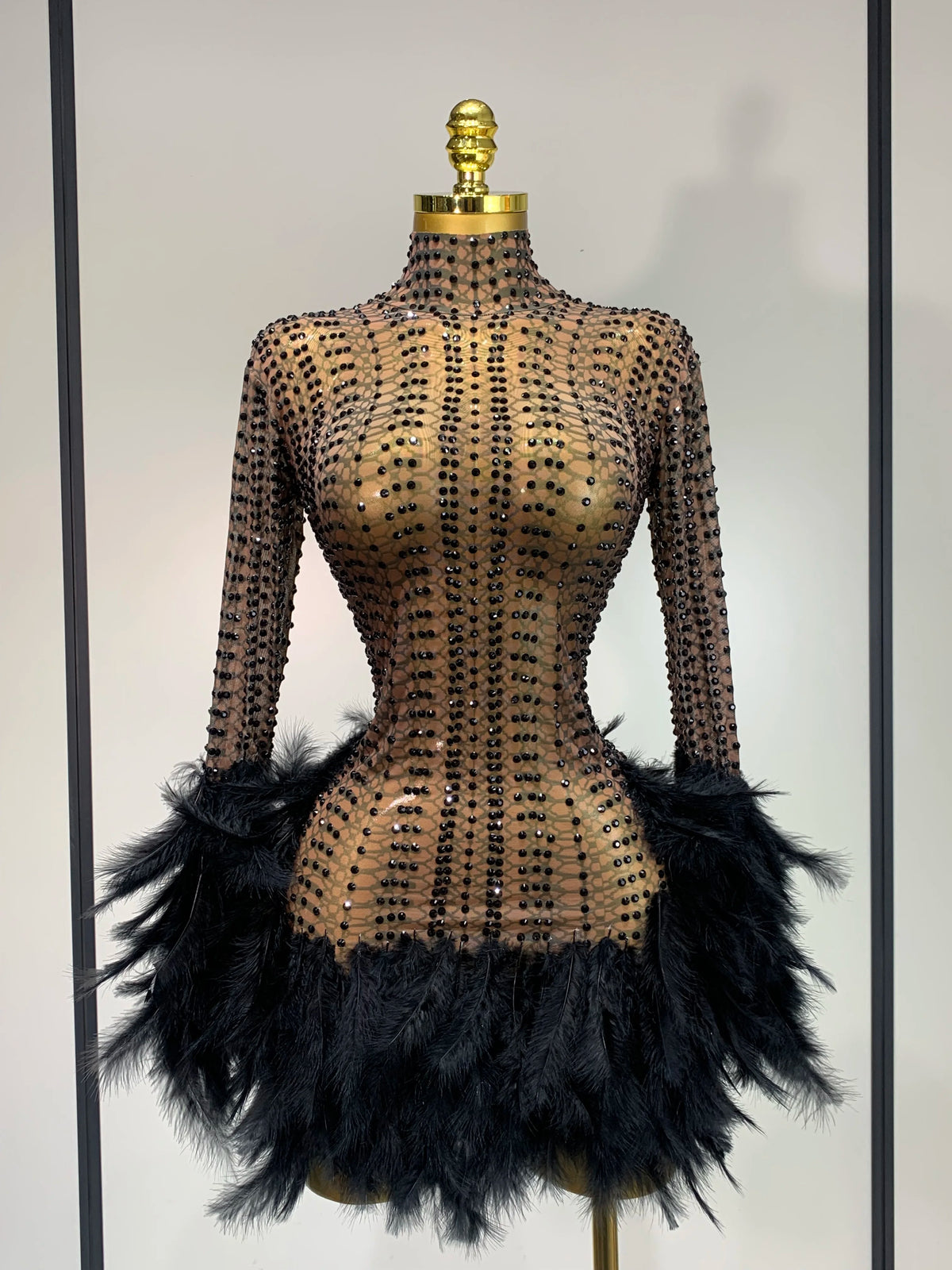 Women Luxury Birthday Dress Rhinestones Mesh Feathers Bodycon Mini Celebrity Evening Club Party Dress Nightclub Stage Outfit