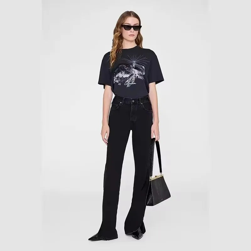 26 Early Spring New North America Style Landscape Letter Print Crew Neck Cotton Short Sleeve T-Shirt For Women