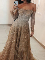 Women's Fashion Hight Waist Slim Long Dress Casual Long Sleeve Solid Party Dress Elegant Strapless Shiny Sequins Evening Dress