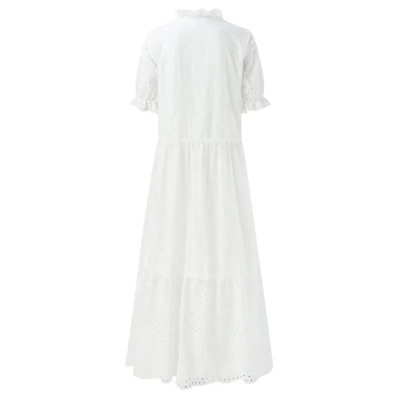 Summer Cotton White Dress for Women Casual Hollow Crochet Bohemian Loose Beach Long Dress Ladies Plus Size Holiday Ruffles Dress