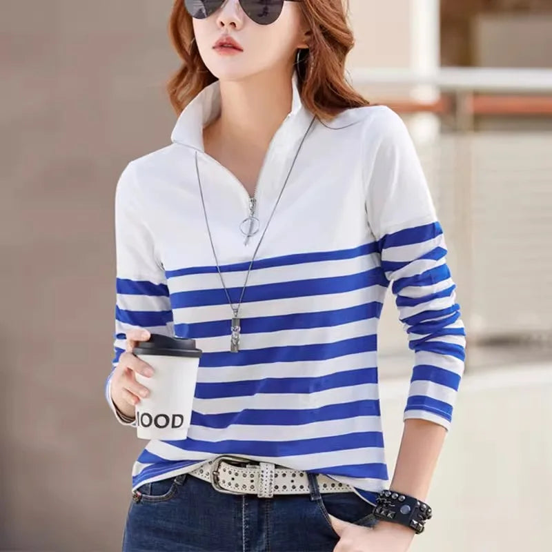 2024Women's Shirt Fashion Top LongSleeve T-shirt Spring and Autumn New Style High end Fashion Polo Collar Stripe Slimming Casual