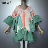 WINYI Women's Pleated Elastic Elegant Short Dress Beach Cover Up Kaftan Abaya Dubai Luxury Evening Wear Muslim Fashion