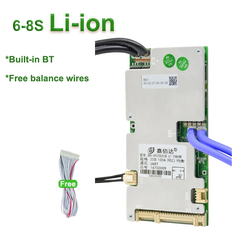 JBD Smart BMS 6S 8S 10S 12S 14S 15S 16S 18S 20S 21S 22S Li-ion BMS Lifepo4 100A 80A 50A 40A 24V 36V 48V 60V Built-in BT With NTC