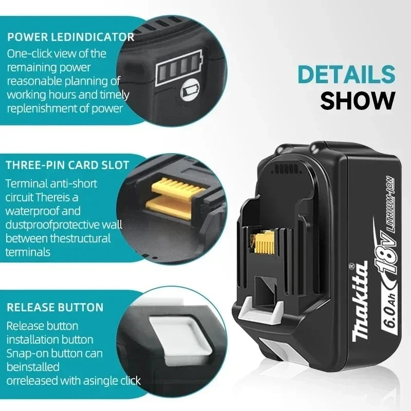 100% Original Makita BL1860B 18V 6Ah Lithium Battery Rechargeable,Compatible With BL1830 BL1850 Makita 18V Power Tool Battery