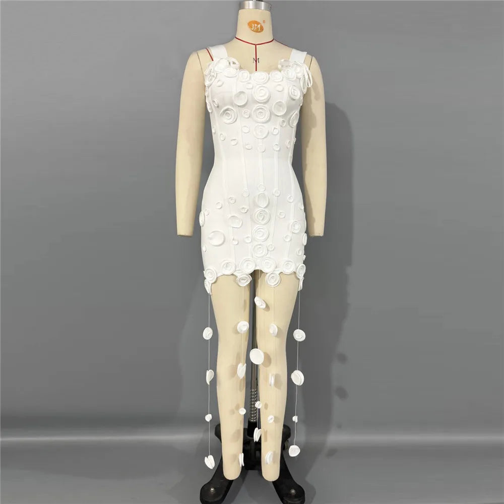 New Arrival Women Summer Fashion 3D Flowers Tassel Mini Bodycon Bandage Sleeveless Casual Party Dress