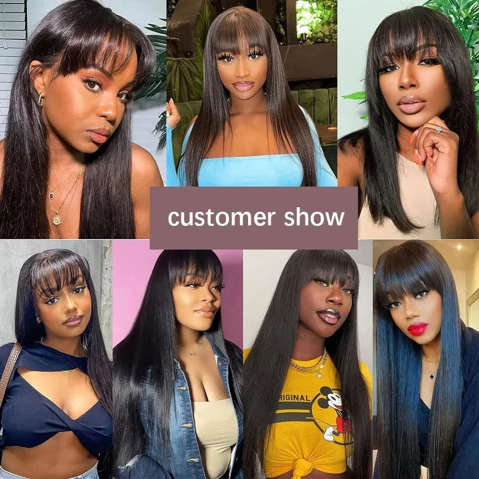 Natural Black Straight Human Hair Wig With Bangs For Women 30 34 Inch Brazilian 3x1 Lace Wigs Full Machine Made Wig