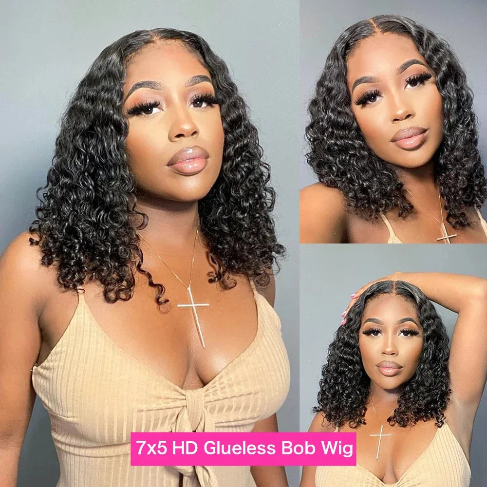 Curly Bob Wig Lace Front Human Hair Wigs Wear Go Glueless Wig Deep Wave 7x5 HD Lace Closure Wigs 250% Full Human Hair Lace Wigs