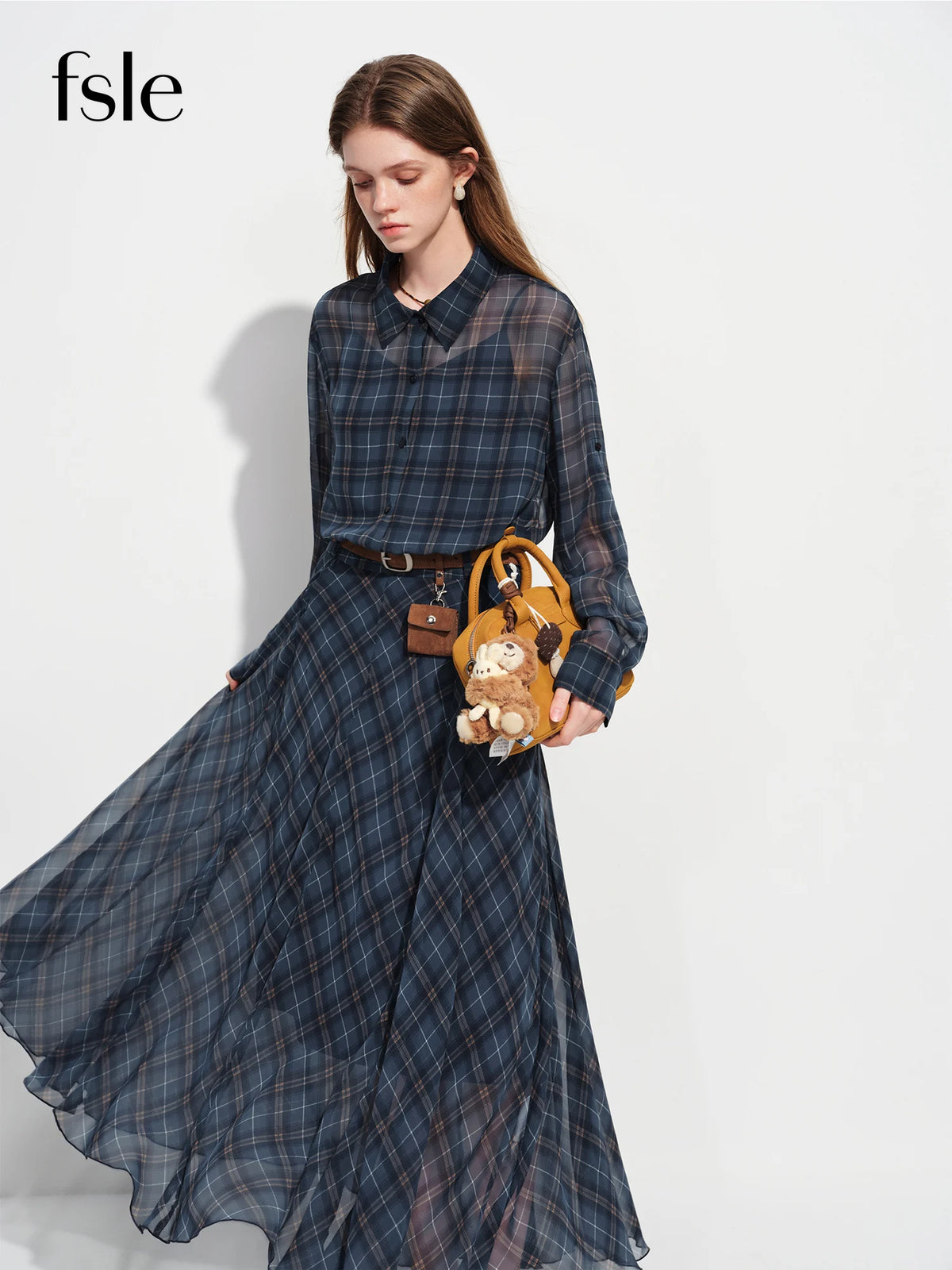 FSLE Retro Checkered Elegant Commuter Dress for Women Spring 2026 New Arrival Quick-Drying Easy-Care WIth Inner camisole Dress