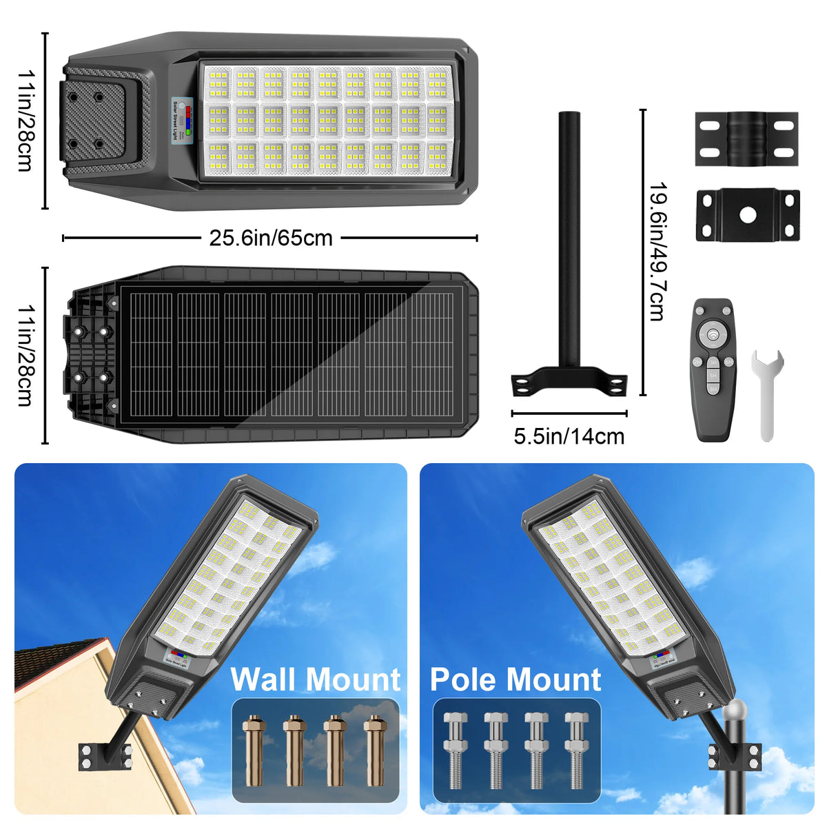 Ship from Local Warehouse, 1-Pack 8000W Outdoor Waterproof Solar Light, Motion Sensor & Remote Control, Timer & Constant Bright Mode, Dusk-to-Dawn Auto On/Off, IP65 Waterproof, Easy Installation, Ideal for Yard and Parking Lot