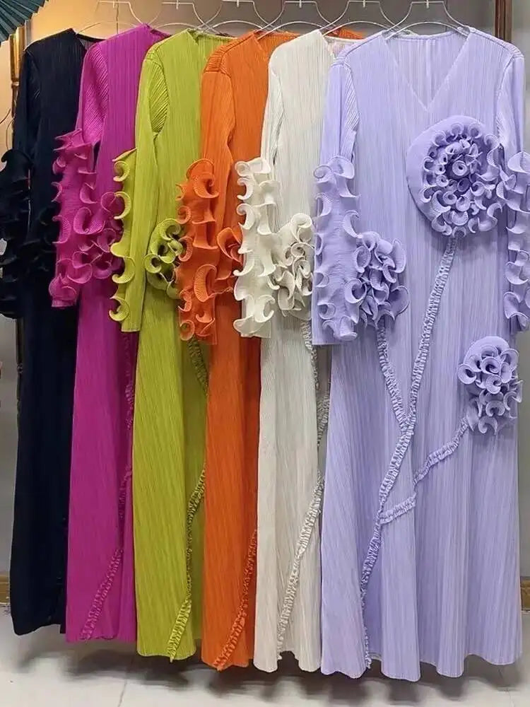 LANMREM Ruffled Edge Pleated Dress For Women Long Sleeves Embroidered Pullover Elegant Dresses Female Trendy Clothing 2DM1091