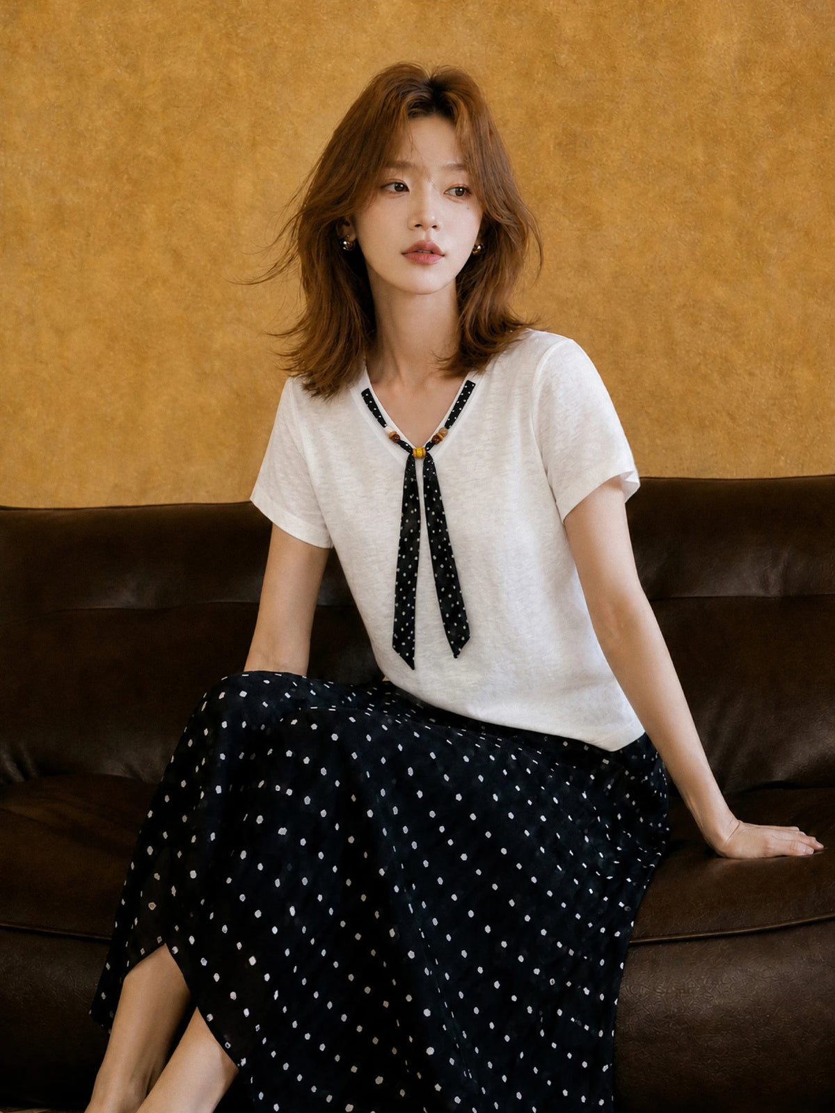 XIAOGULI French Style Women Cotton Blouse Polka Dot Ribbon Bow Short Sleeve T-shirt V-Neck Casual Soft Lightweight Daily Top