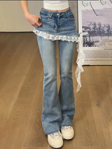 Fake Two Lace Splicing Flared Jeans for Women's Early Autumn 2025 New Style High Waist Denim Pants