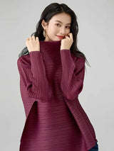 LANMREM 2026 New Maroon Pleated Women's T-shirt Casual Style Long Sleeved A-line Scarf Collar Chic Loose Pullover Tops 2DB2827