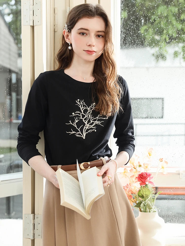 I BELIEVE YOU Women's Long Sleeved T-shirt 2025 Autumn Fashion Black Embroidered Nail Bead Casual Tops Woman Clothes 2253016106