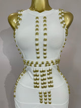 Elegance White Metal Buckle O Neck Sleeveless Bodycon Bandage Dress Women Celebrate Evening Prom Birthday Party Dress Vestido