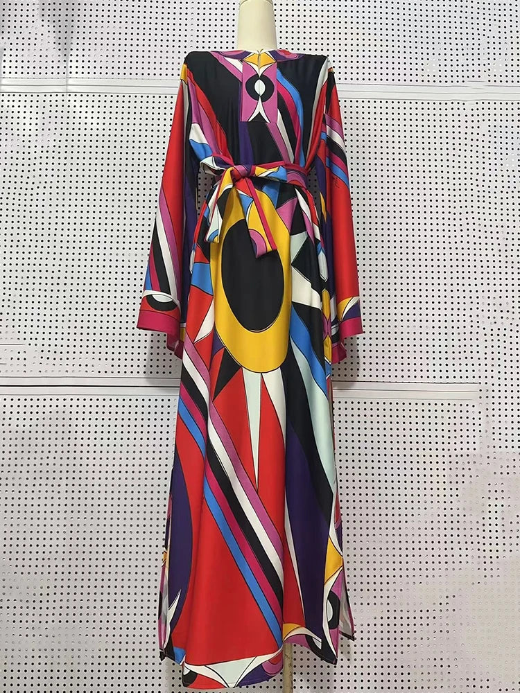 Retro geometric positioning printed lace up semi open collar pullover dress for women's fashion, loose fit plus slit skirt