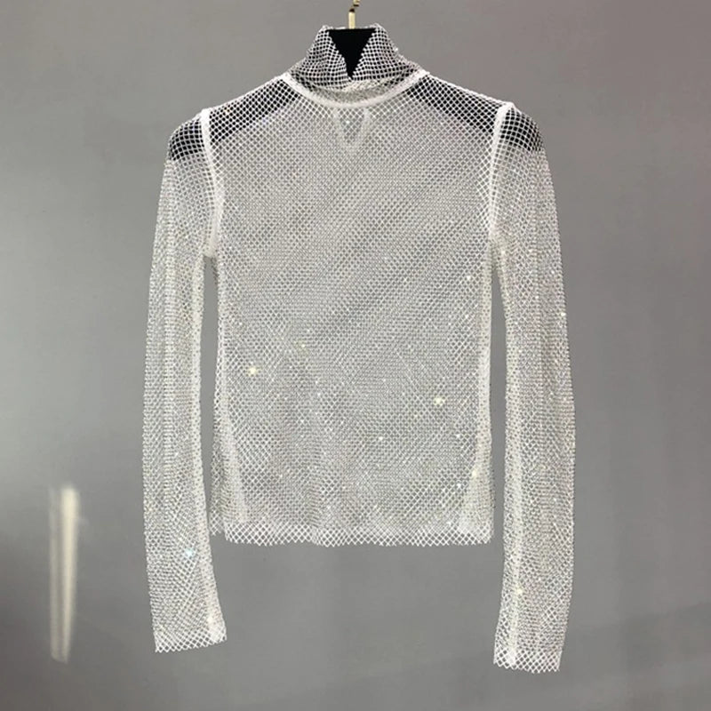 Glittering Mesh Diamond Hollow Out T Shirts Sexy Long-Sleeved Turtleneck Women Hollow Sequined Shirt Party Clubwear Wholesale