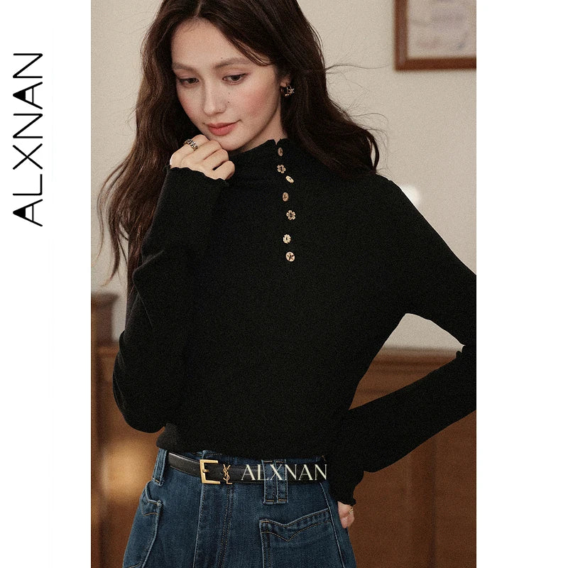 ALXNAN Women's Long-sleeve T-Shirt New Autumn Inner Lining Turtleneck Button Decoration Slim Versatile Pullover L57528-1 L58908