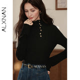 ALXNAN Women's Long-sleeve T-Shirt New Autumn Inner Lining Turtleneck Button Decoration Slim Versatile Pullover L57528-1 L58908