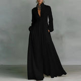 Bohemian Stand Collar Button Maxi Shirt Dress Woman Elegant High Waist Solid Party Dress Spring Long Sleeve Loose Casual Dresses