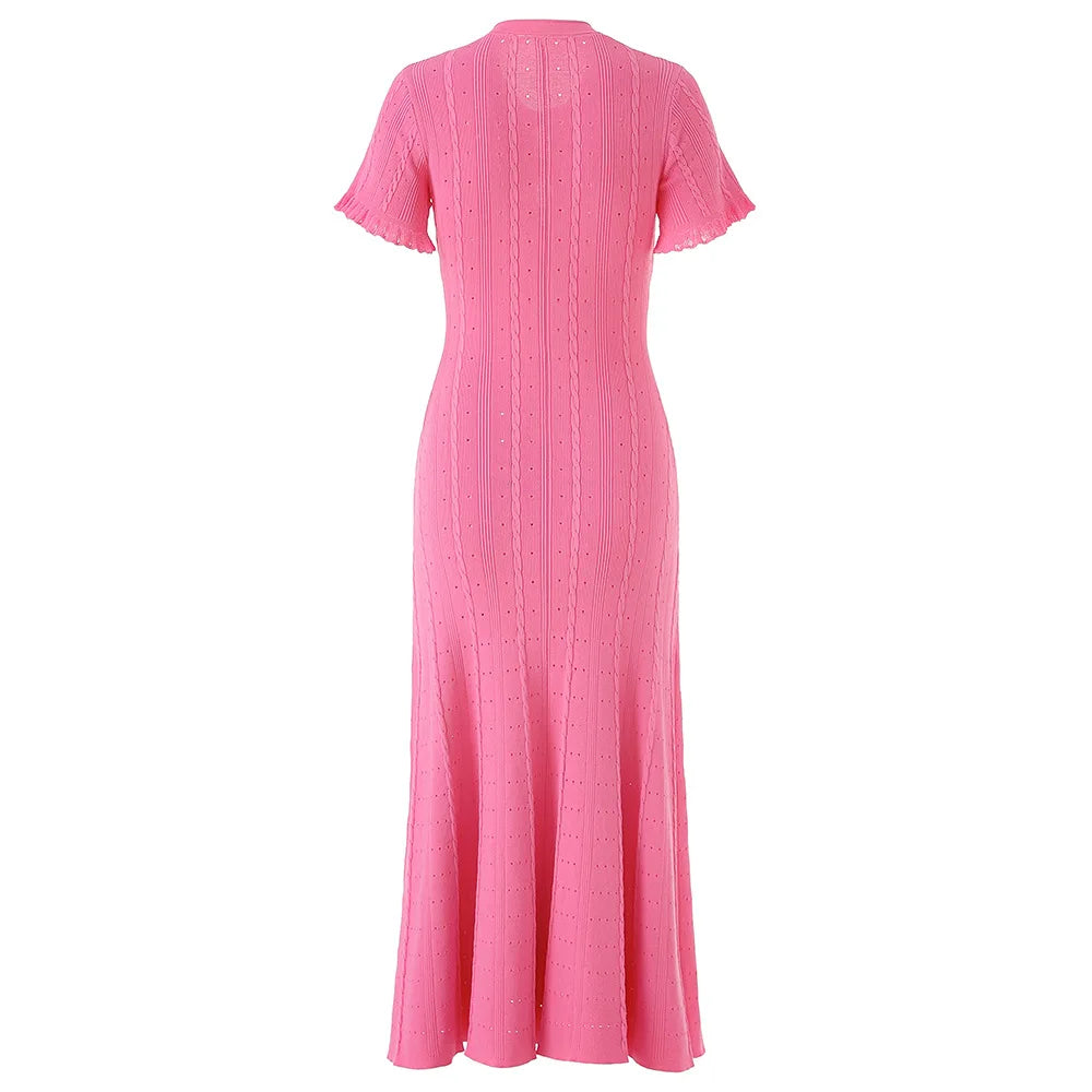 Summer Elegant Lady Knitted Single Breasted Long Dresses Women Solid Short Sleeve O Neck Button Bodycon Party Female Vestidos