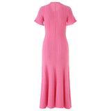 Summer Elegant Lady Knitted Single Breasted Long Dresses Women Solid Short Sleeve O Neck Button Bodycon Party Female Vestidos